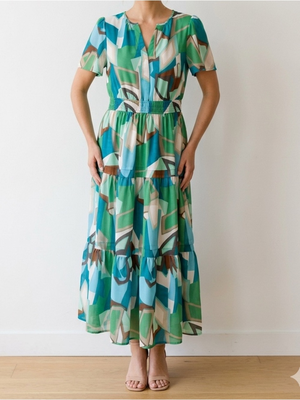 PRETTYGARDEN Geometric Print Tiered Midi Dress -Boho Green Blue Flutter Sleeve❤️